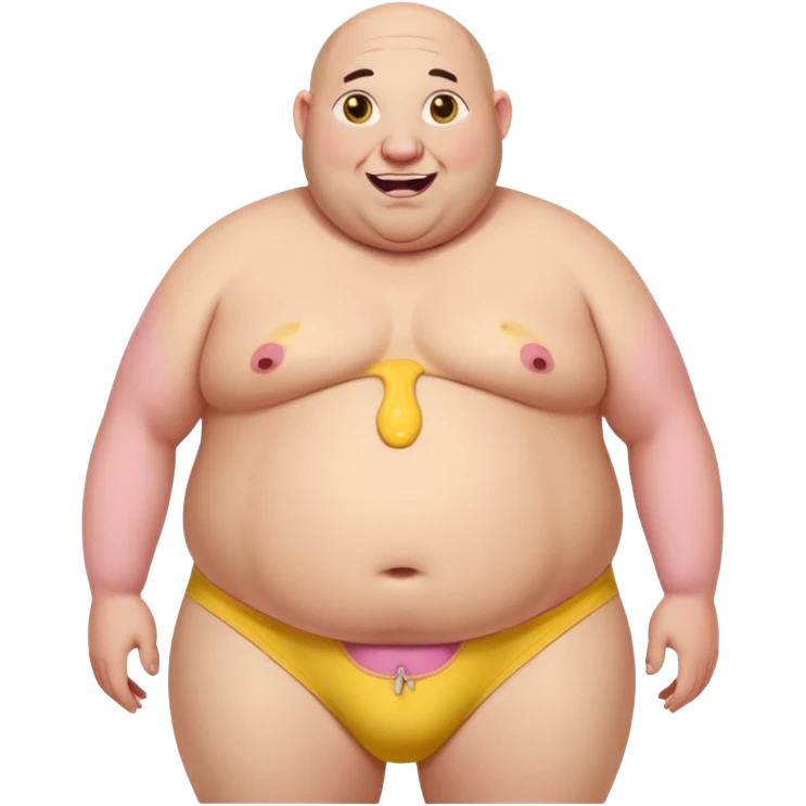 Old really fat and bald. This huge belly and really round pink nipples. has big ears and 2 long beaver like big yellow brown buck teeth. he has white saggy underwear with holes and yellow pee stains in front of underwear.   emoji