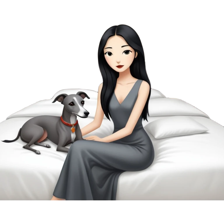 Very thin Chinese woman with long black hair relaxing in a luxurious hotel suite with exactly ONE whippet dog. EXTREME IMPORTANCE: the whippet must be ONE SOLID VERY DARK CHARCOAL GREY COLOR from nose to tail with ABSOLUTELY NO WHITE MARKINGS anywhere - NO white on face, NO white on muzzle, NO white on chest, NO white on paws, NO white on tail - NOTHING BUT A SINGLE SHADE OF VERY DARK GREY throughout the entire animal emoji