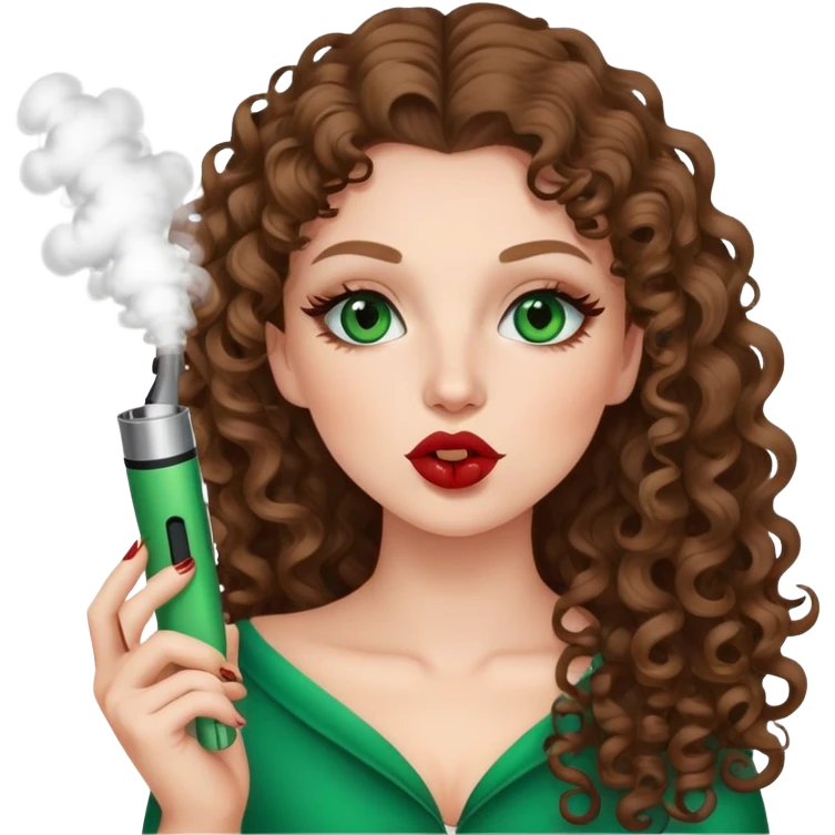 White girl with castani curly long hair grüne Augen , braunes Lip liner , Mascara , vape, italian ,kiss emoji emoji
