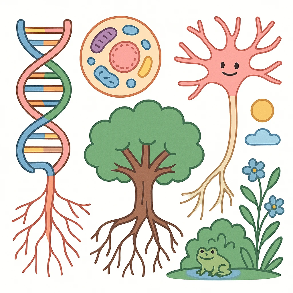 A realistic biological illustration (like in a school book) showing: DNA strands transitioning into a tree, cells with visible organelles, neurons connected to plant roots  and a balanced ecosystem background . Seamless integration, no labels or borders, complete white background (not off white!), detailed but minimalist.  emoji