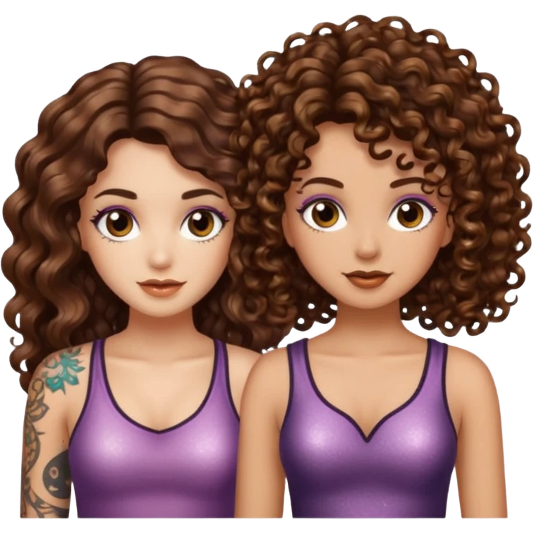 glitter blast — long wavy brown hair tattooed woman and short tight curly brown hair woman — sparkle covered emoji