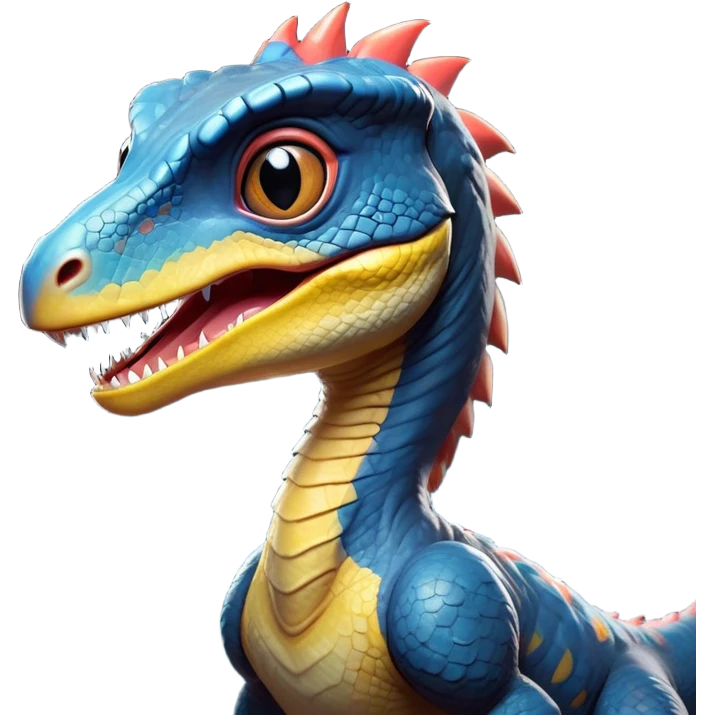 Cinematic Cute jurassic park Velociraptor Portrait Emoji, Head tilted playfully with a cheeky smirk, featuring a compact, agile form with smooth, dark scales and softened, expressive eyes that sparkle with mischievous charm, Simplified yet irresistibly adorable features, highly detailed, glowing with a warm, inviting prehistoric glow, high shine, affectionate and lively, stylized with a touch of whimsical dinosaur mischief, soft glowing outline, capturing the essence of a playful jurassic park Velociraptor that seems as if it could sprint out of the screen into your heart! emoji
