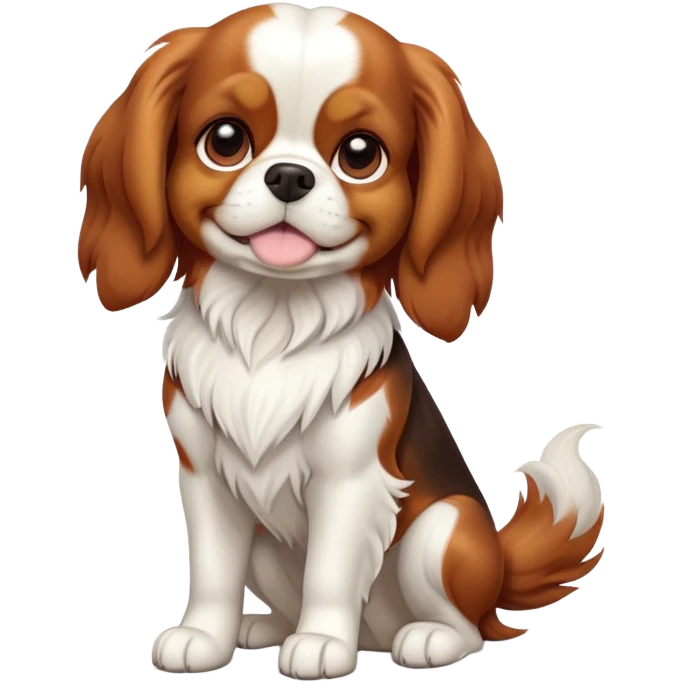 cinematic-[cavalier king charles dog]-realistic-full-body-sitting-emoji,-tail-resting-loosely-beside-its-paws,-head-tilted-dramatically,-sleek-[brown and white]-fur,-simplified-yet-realistic-focused-features,-highly-detailed,-glowing-with-an-almost-sarcastic-glow emoji