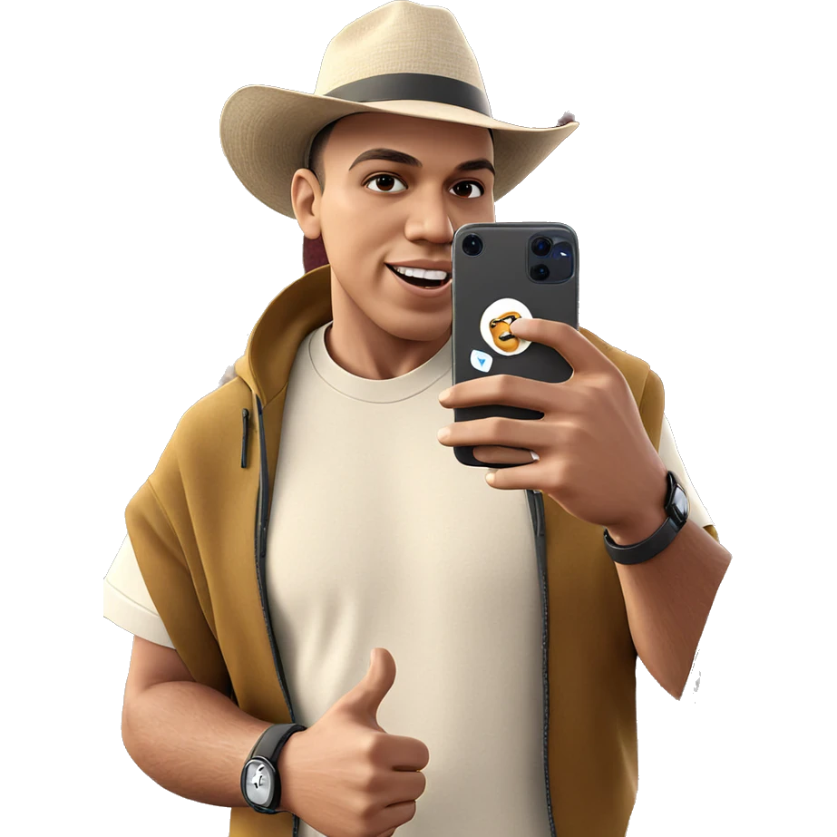 happy man outdoors with phone emoji