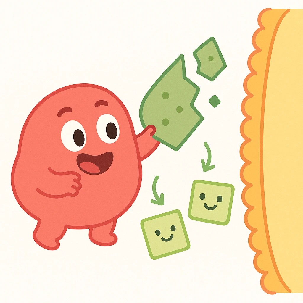 Ultra-detailed emoji-style illustration of enzyme digestion: Red amylase breaking green starch into sugars near a yellow cell membrane. Clean white background, no text. Scientific but simple emoji