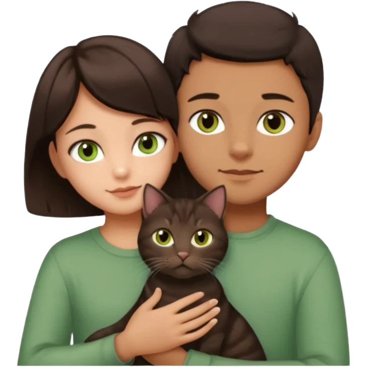 Crea un emoji donde salga un chico de pelo moreno con los ojos claros, una chica de pelo morena con los ojos marrones y UN gato europeo comun de pelaje marron oscuro y ojos verde claro, quiero que se esten abrazando el chico y la chica, y el gato este en el medio de los dos emoji