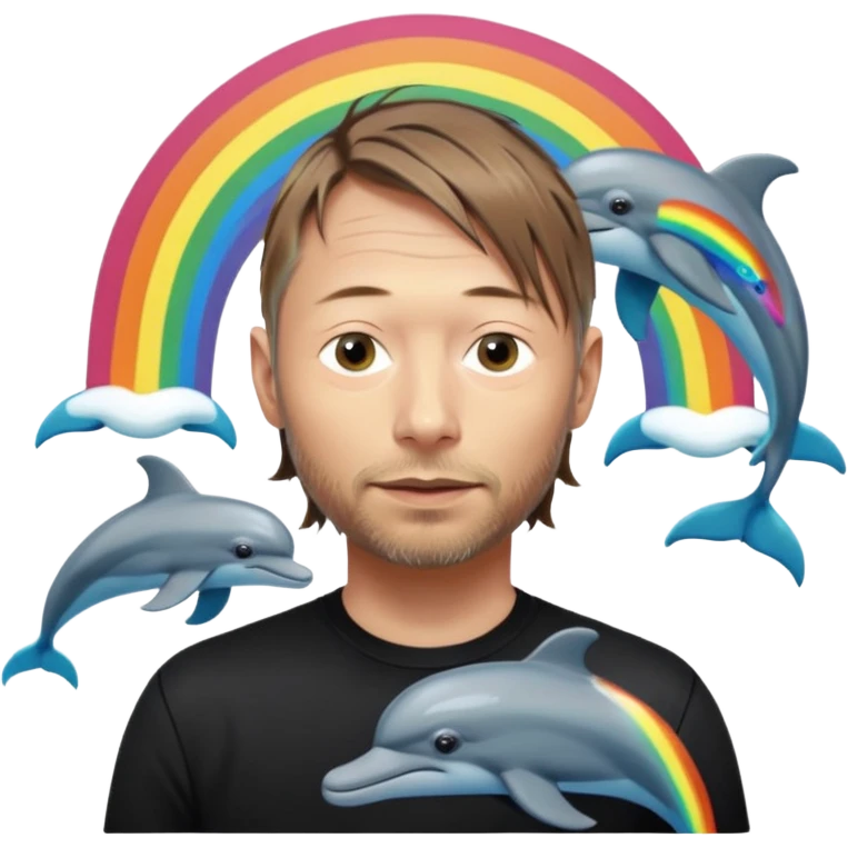 Thom York with dolphins and rainbows in the background  emoji