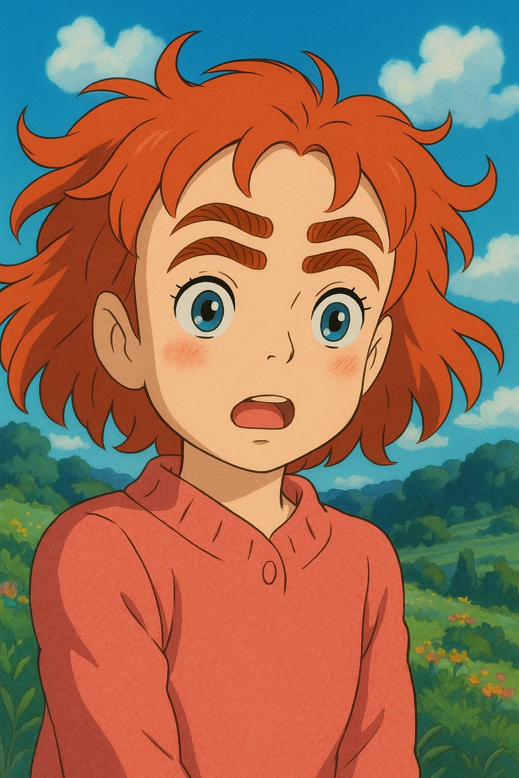girl with red hair and four eyebrows, ghibli style emoji