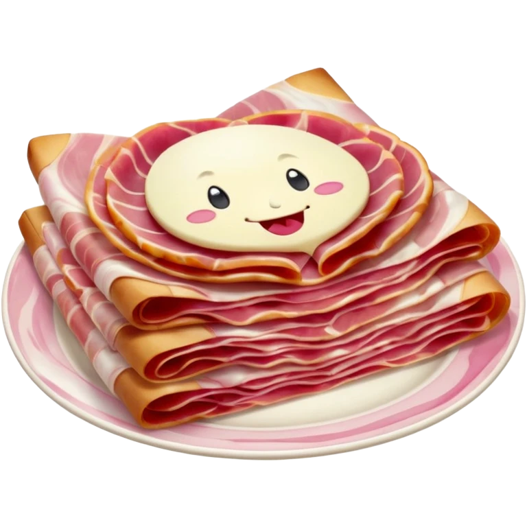 realistic jambon cru thin folded slices deep pink to red white fat streaks silky translucent marbled folds curls creamy integrated fat no bread fruit plate faces clean 3D soft lighting transparent background emoji scale emoji
