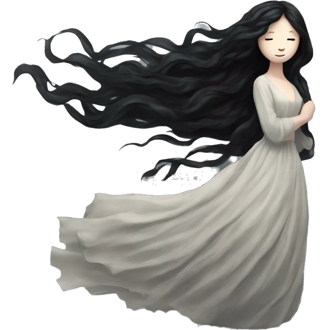 Dramatic girl  very pale with dark lighting  with black hair  in river with very very long lace dress  black long hair flying in the wind no face  emoji