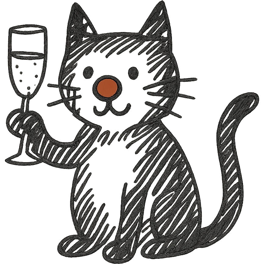 black cat with a red clown nose and a champagne glass, hand-drawn and quirky emoji
