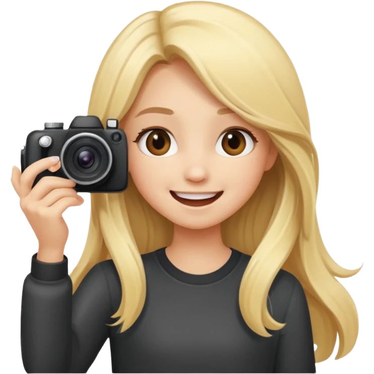 blonde girl photographer cartoon taking picture in middle of taking picture camera in front of face long hair smiling funny flash professional camer emoji