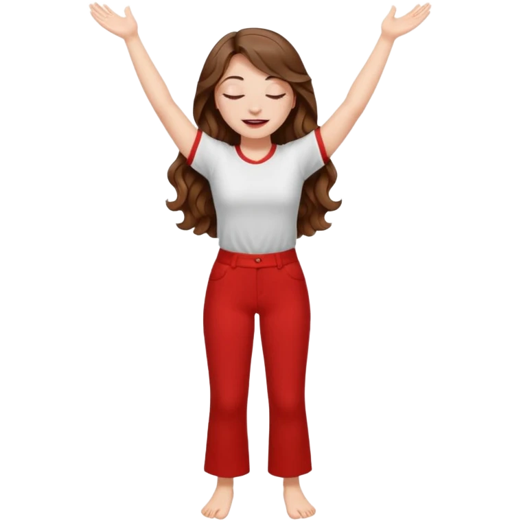 crie uma menina branca com cabelos castanhos longos ondulados, uma roupa de calça e blusa de manga curta na cor vermelho, com braços juntos para cima, olhos fechados e perna levantada. a manga é curta mostra os braços emoji