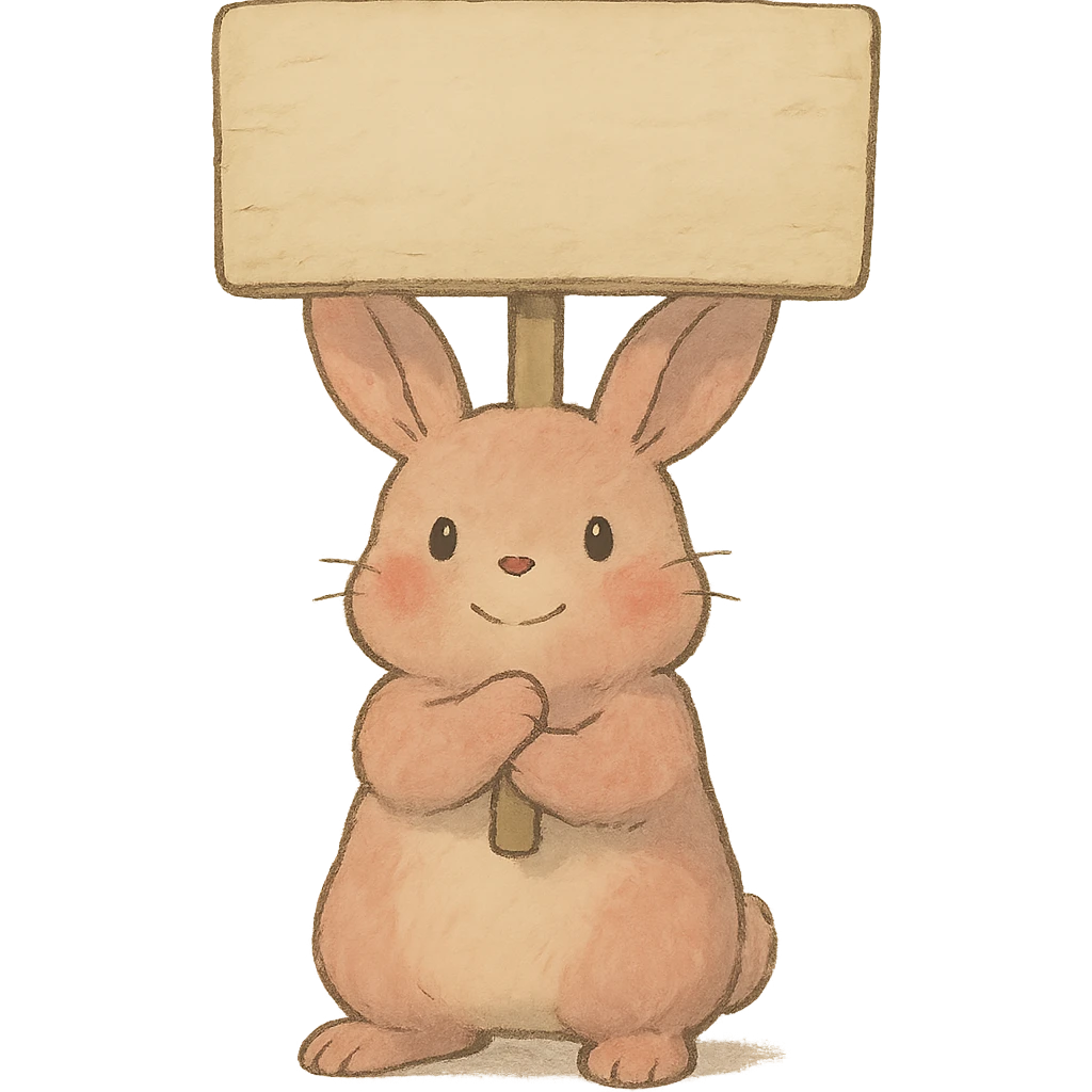 rosy bunny holding signboard high, soft ghibli style emoji