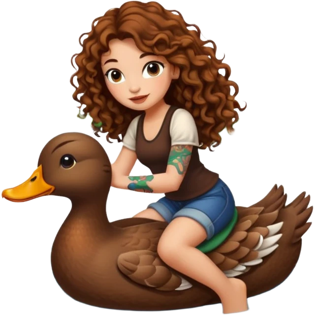 cute woman long curly brown hair tattoos riding duck through pond emoji