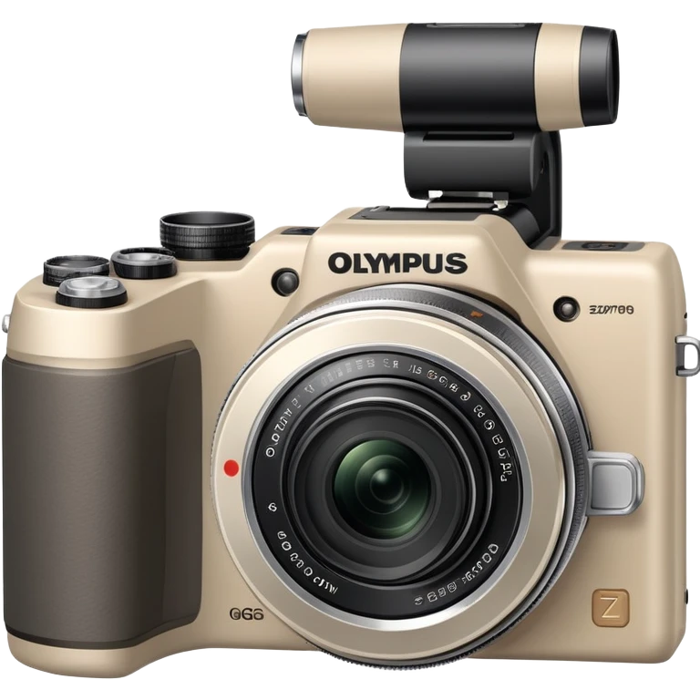 Hyper-simplified Olympus Superzoom 70G camera, grayish-beige color, flat design with only the most essential single feature indicated emoji