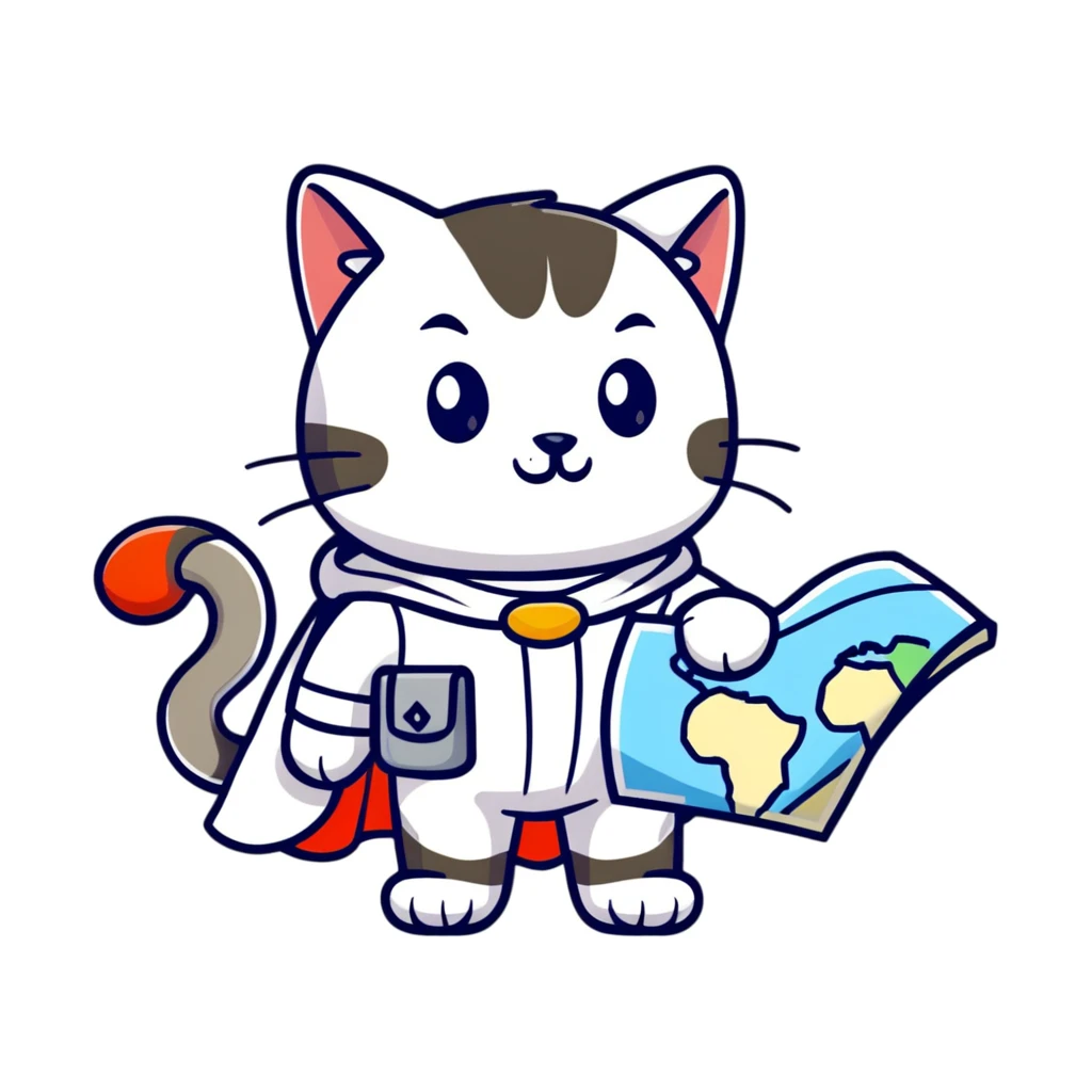 Explorer cat with map in paws, mountains and starry sky background, wearing explorer outfit with flowing cape, gazing at horizon emoji