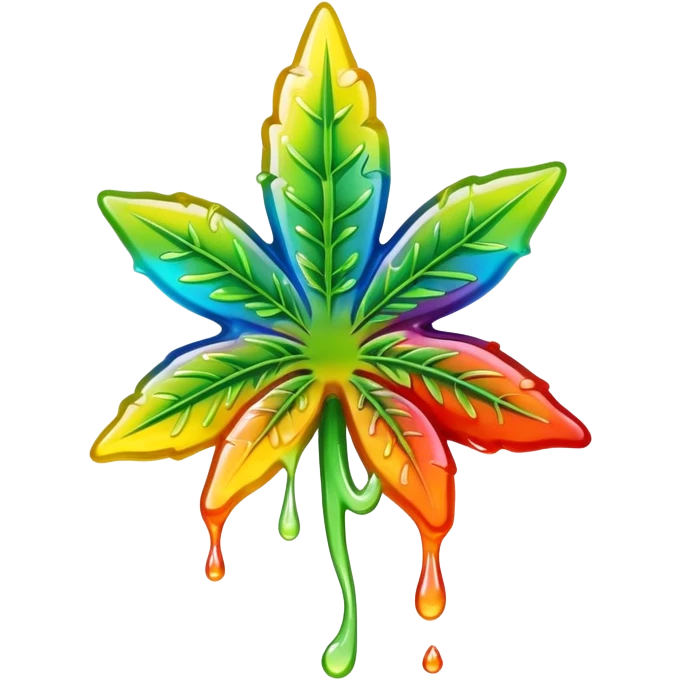 generate an emoji-style image of a juicy gummy shaped like a marijuana flower, make it colorful and with liquid dripping out emoji