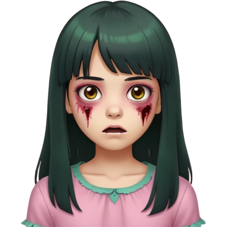 memoji iphone, garota zombie, pele esverdeada acinzentada, boca fechada, garota adolescente, cabelo preto longo, franja, olhos castanhos, blusa rosa  emoji