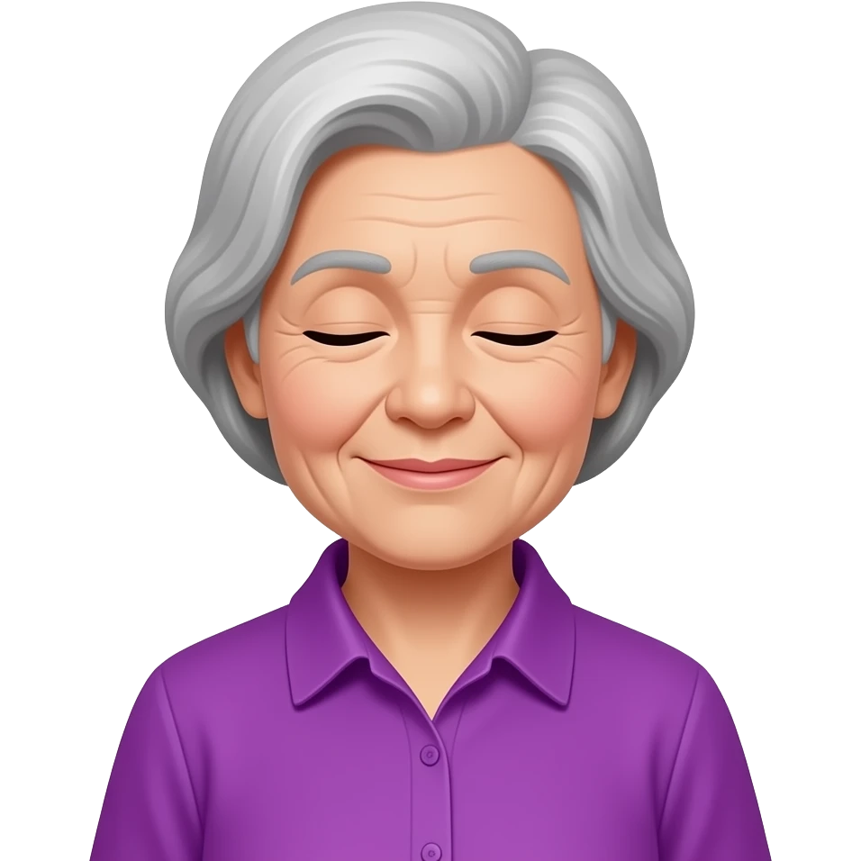 an old lady with vibrant purple shirt and close eyes emoji