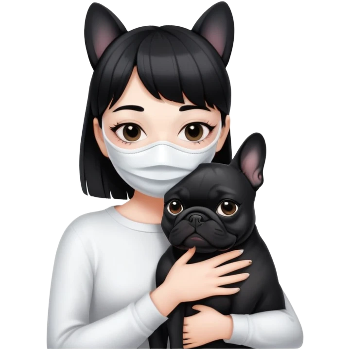girl with short black straight bangs hair wearing a white mask and hugging a black French bulldog emoji