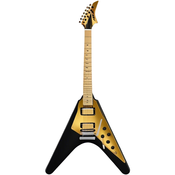 Create a bold and dynamic emoji representing the Epiphone Dave Mustaine Flying V Custom electric guitar. The design should feature the sharp, iconic V-shaped body of the guitar, with a custom finish reflecting Dave Mustaine’s signature style. Add intricate details like gold or chrome tuning pegs and pickups, with subtle graphics or patterns that reflect the aggressive, heavy metal aesthetic. Use a color palette of black, gold, and red, with a touch of metallic sheen for the high-end finish. The background should be transparent to emphasize the guitar's iconic shape emoji