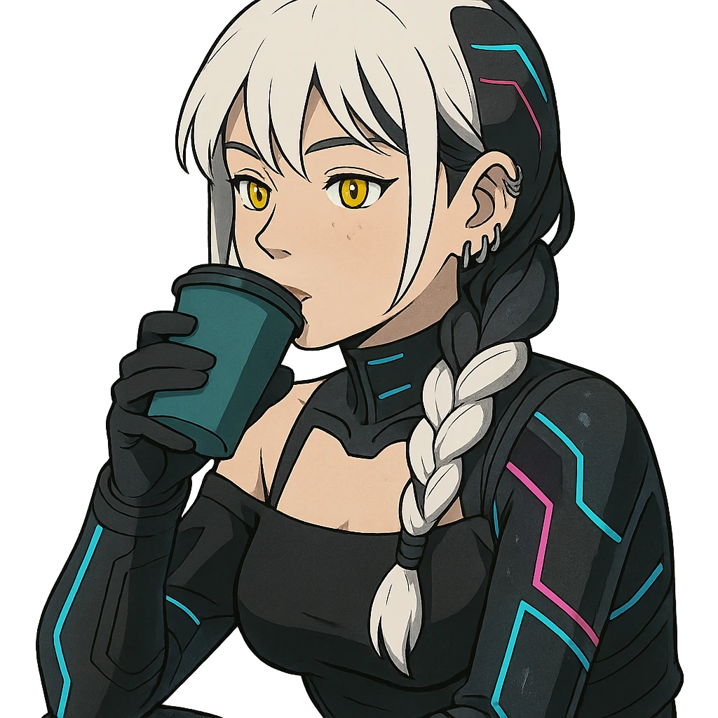  she is sipping a delicious tea drink, a closeup portrait of young woman with gold yellow eyes, white hair, long braid, black off-shoulder top d-cup, punk gothic style, futuristic cyberwave cyberpunk, sitting position
 emoji