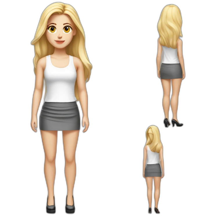 hyperrealist caucasian long blonde haired brown eyed woman white tank top gray tight mini skirt black high heel shoes full body emoji