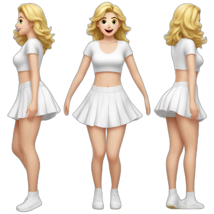 Hyperrealistic Full body Caucasian curvy beauty jumping short white skirt back and front views strong wind knickers long white socks emoji
