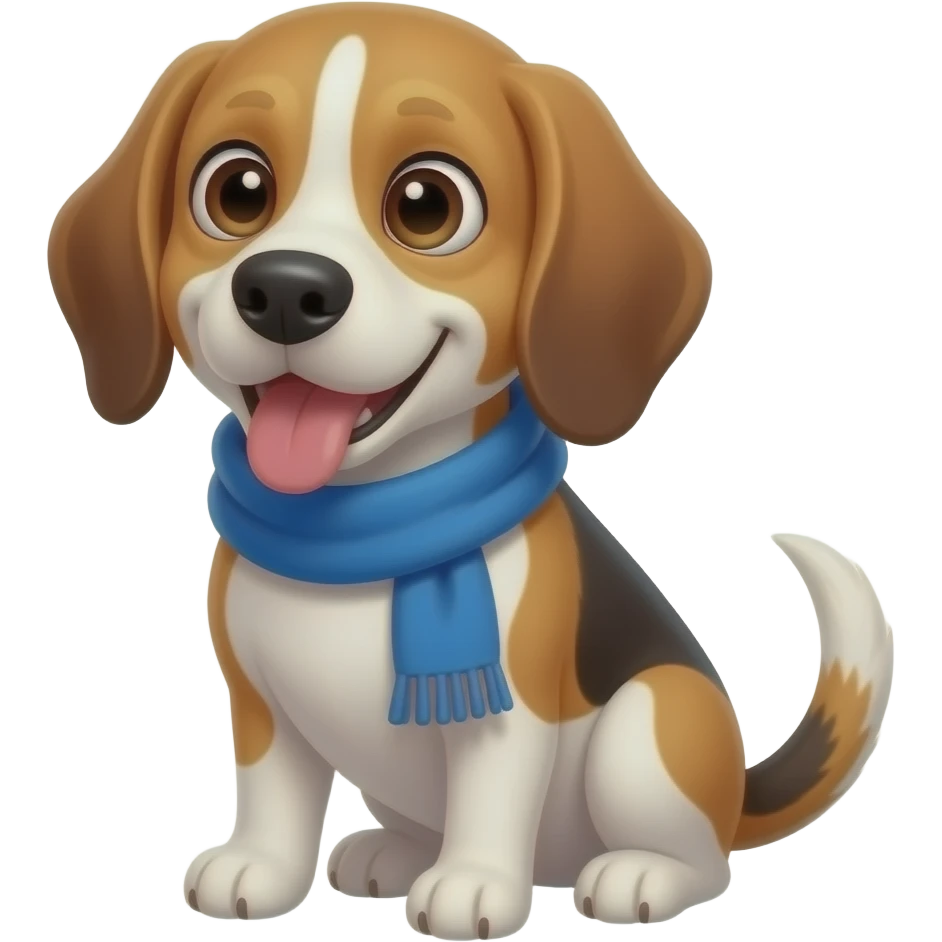 beagle dog with blue adventure scarf , sitting, toungue out, smiling, dumb looking, tongue out from the side, big tail, front view, looking at camera, silly, big eyes, cute emoji