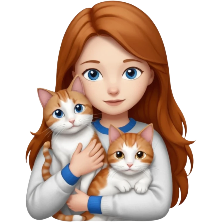 a girl with long brown hair, with blue eyes, in a
white sweater, hugs 3 cats a brown tabby and white, a ginger and white and a grey and white emoji