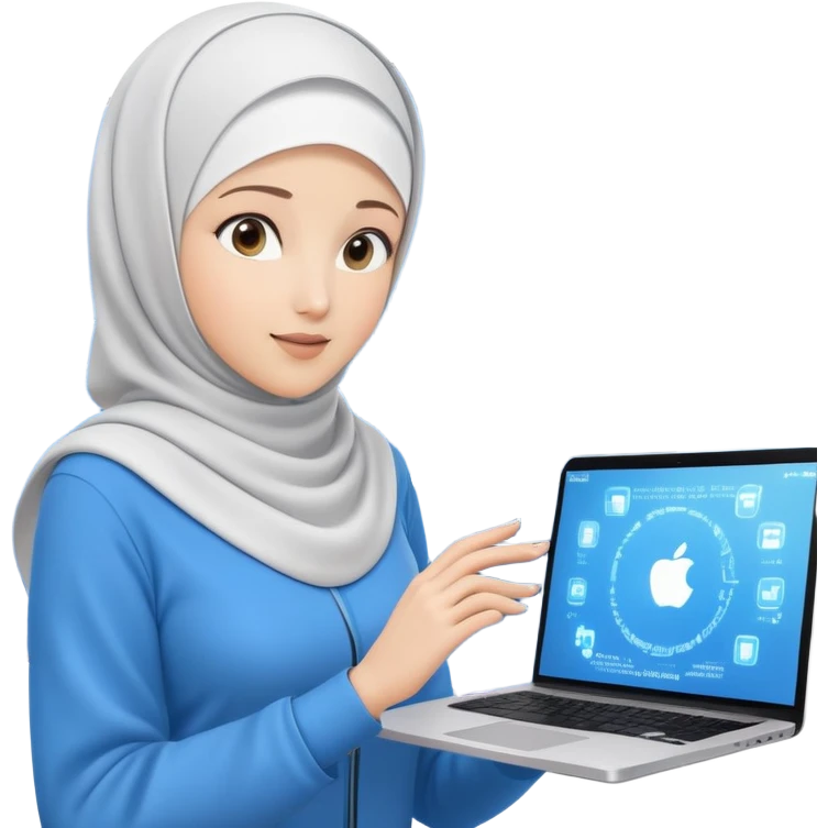 computer engineer with white hijab wearing blue outfit, no glasses, presenting her metaverse creation with a large digital screen behind her displaying virtual worlds and code, laptop open in front of her showing programming interface emoji