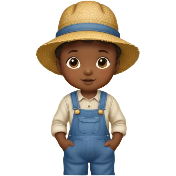 African baby in vintage countryside clothes, overalls, straw hat, chubby cheeks, rural farm setting emoji