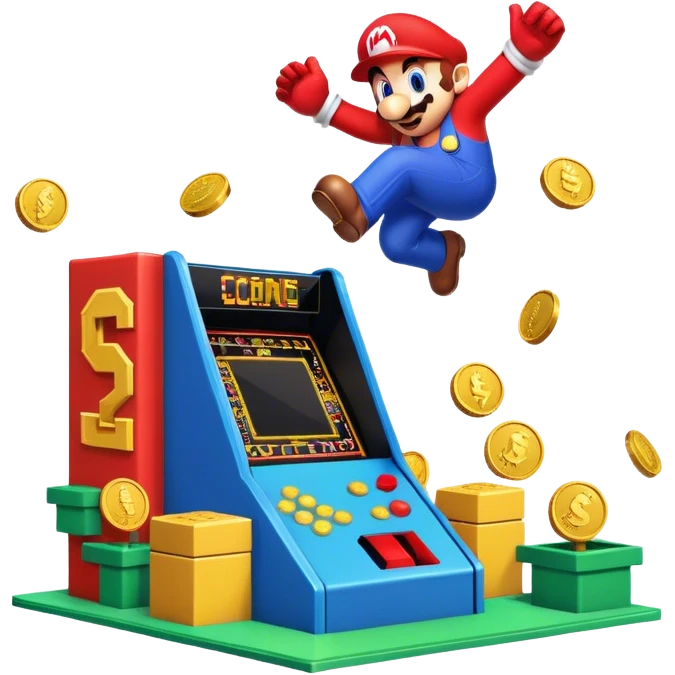 An icon featuring a classic arcade game scene, with a pixelated character jumping over obstacles and collecting coins. The design evokes the nostalgia of games like Super Mario or Sonic, with vibrant colors and a retro, 8-bit style. transparent background. emoji