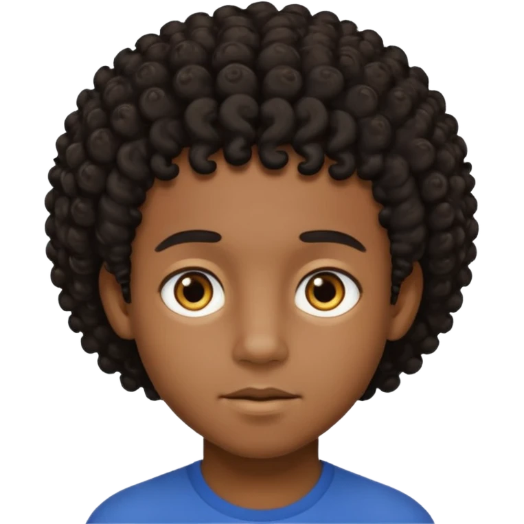 This avatar of black boy has tightly curly dark hair styled upward, a rounded face with golden-brown eyes, and a neutral expression emoji