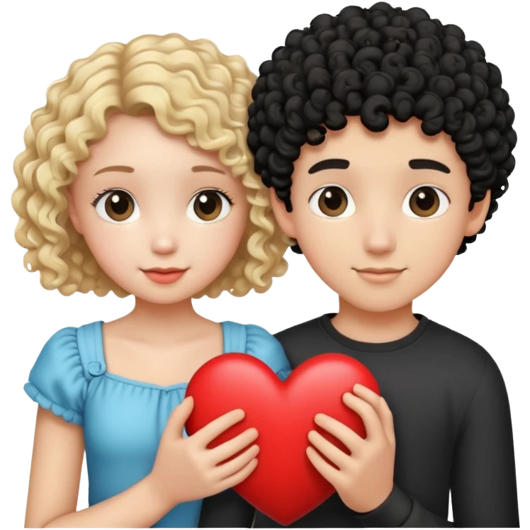 a teenage couple with a blonde girl with curls and a boy with black and short curly hair, with s heart emoji