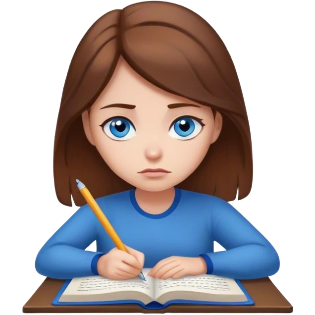female writer, romantic, with brown hair, fair skin and blue eyes writing a book with a sad face emoji