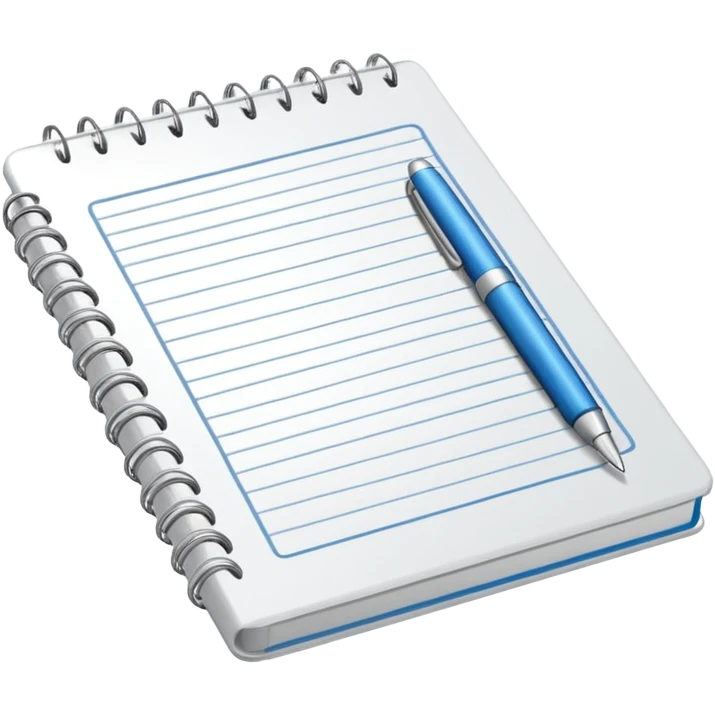 Minimal line-art icon of a notebook with a pen, clean modern style, simple outlines, slightly 3D, no background, transparent, suitable for video overlays, “documenting / journaling / tracking progress” theme. emoji