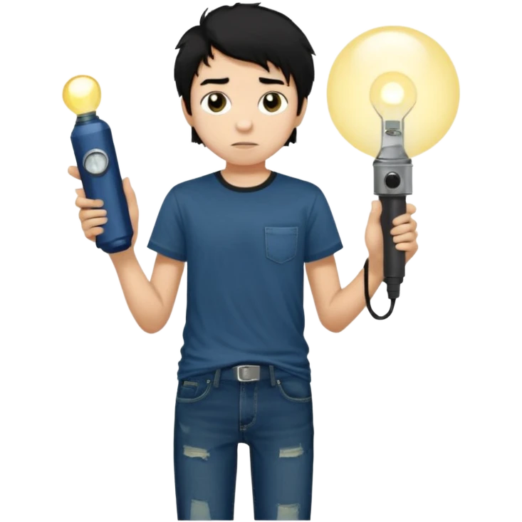 > 15-year-old boy, 165 cm tall, slim build, light tan skin, messy black hair, dark brown eyes with dark circles, wearing a dark t-shirt and faded jeans, holding a small flashlight, expression of curiosity mixed with fear, dim and foggy background, realistic style. emoji