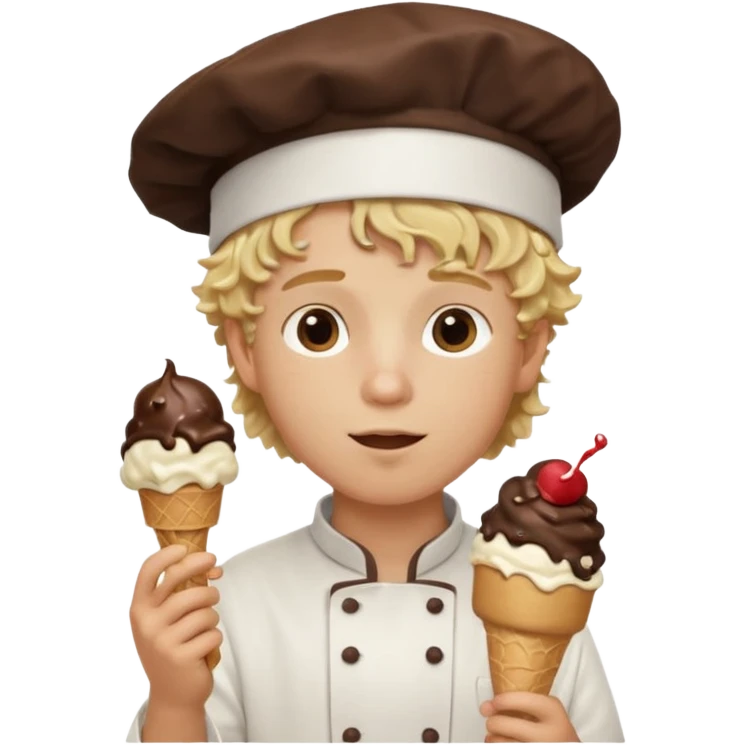 boy blonde curly hair, chef, eating big chocolate ice cream emoji