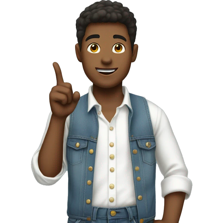 boy pointing to the sky, wearing blue jeans overals and white shirt, half body emoji