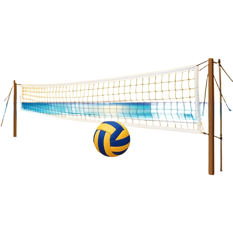 A volleyball resting on the yellow sand on a beach, with the net in the background and a scenic view of the ocean and sky. The scene captures the relaxed yet competitive vibe of beach volleyball, with warm sunlight and the natural beauty of the beach. emoji