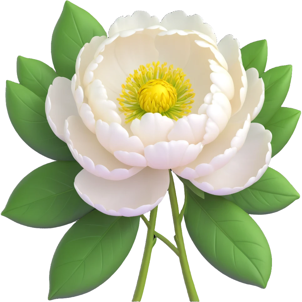 A white peony flower with green leaves in iOS 3D style, with a yellow center, detailed petals, and a realistic yet stylized appearance. emoji