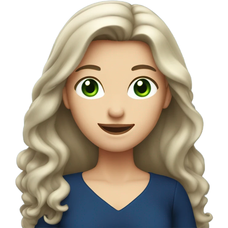 brunette with long hair and green eyes in a dark blue dress winks emoji