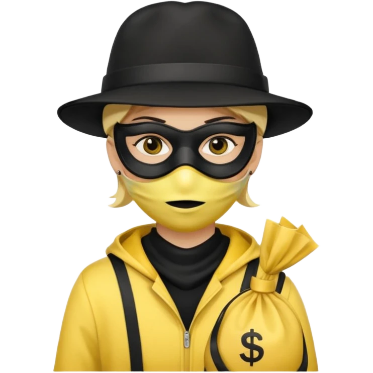 persona - con antifaz negro - gorro negro y bolsa de dinero y color amarillo  emoji