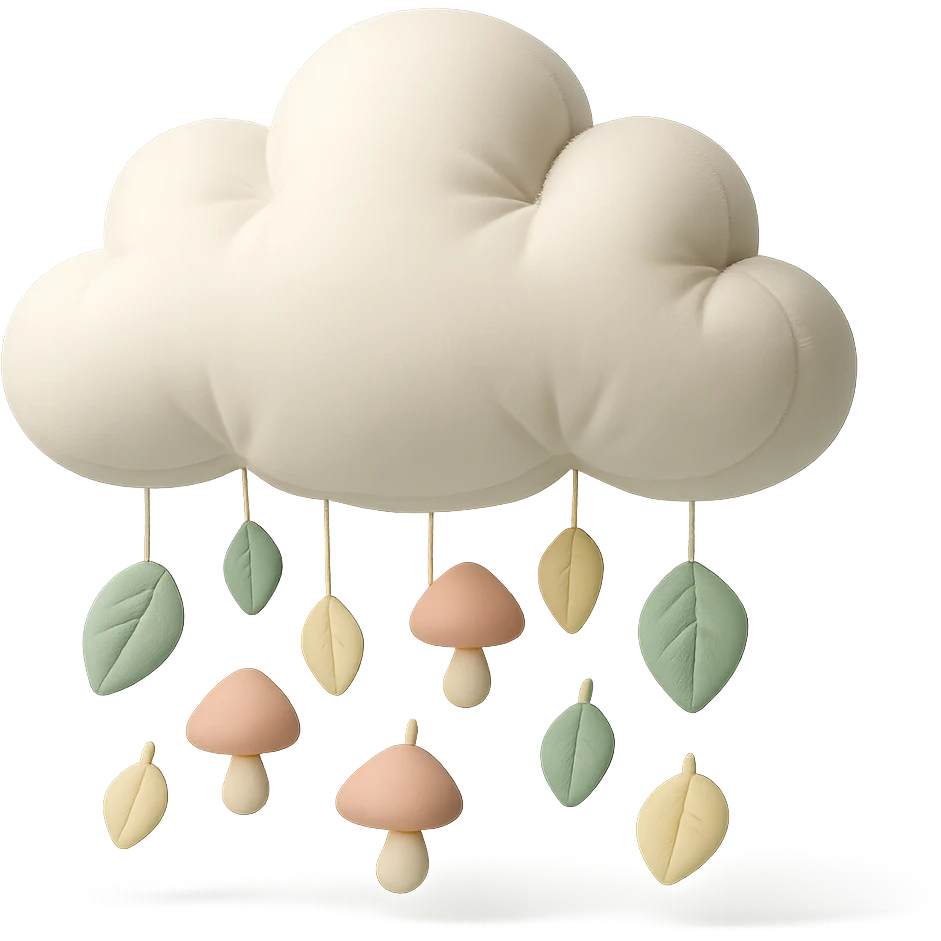 cloud raining tiny leaves and mushrooms, whimsical rain, pastel tones, cushion style emoji