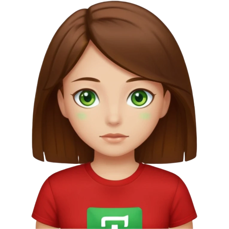 a girl with brown strait hair and has green eyes has a red t-shirt  emoji