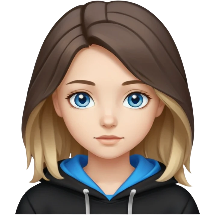 girl with blue eyes, shoulder-length hair with balayage highlights, wearing a black hoodie emoji