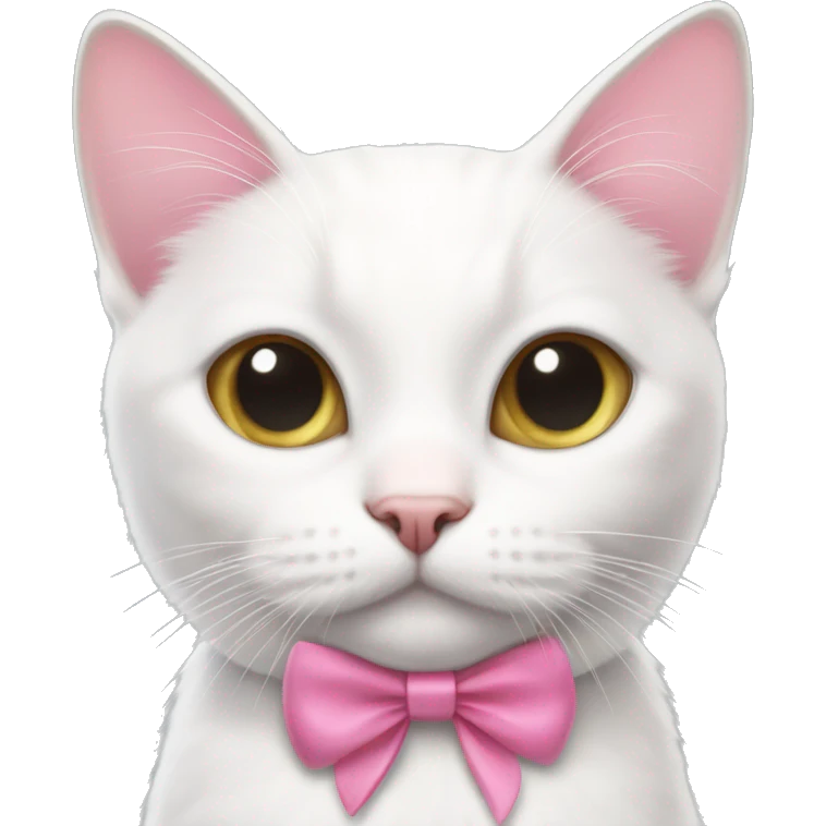 White cat with black whiskers and a pink bow on one ear emoji