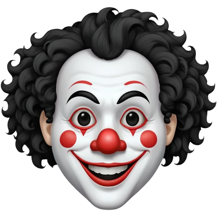 generate white clown mask emoji with a big curly black hair 

wide black coloured smile, no red nose but instead long and pointy white nose with no nostrils, pitch black eyes, no brows emoji